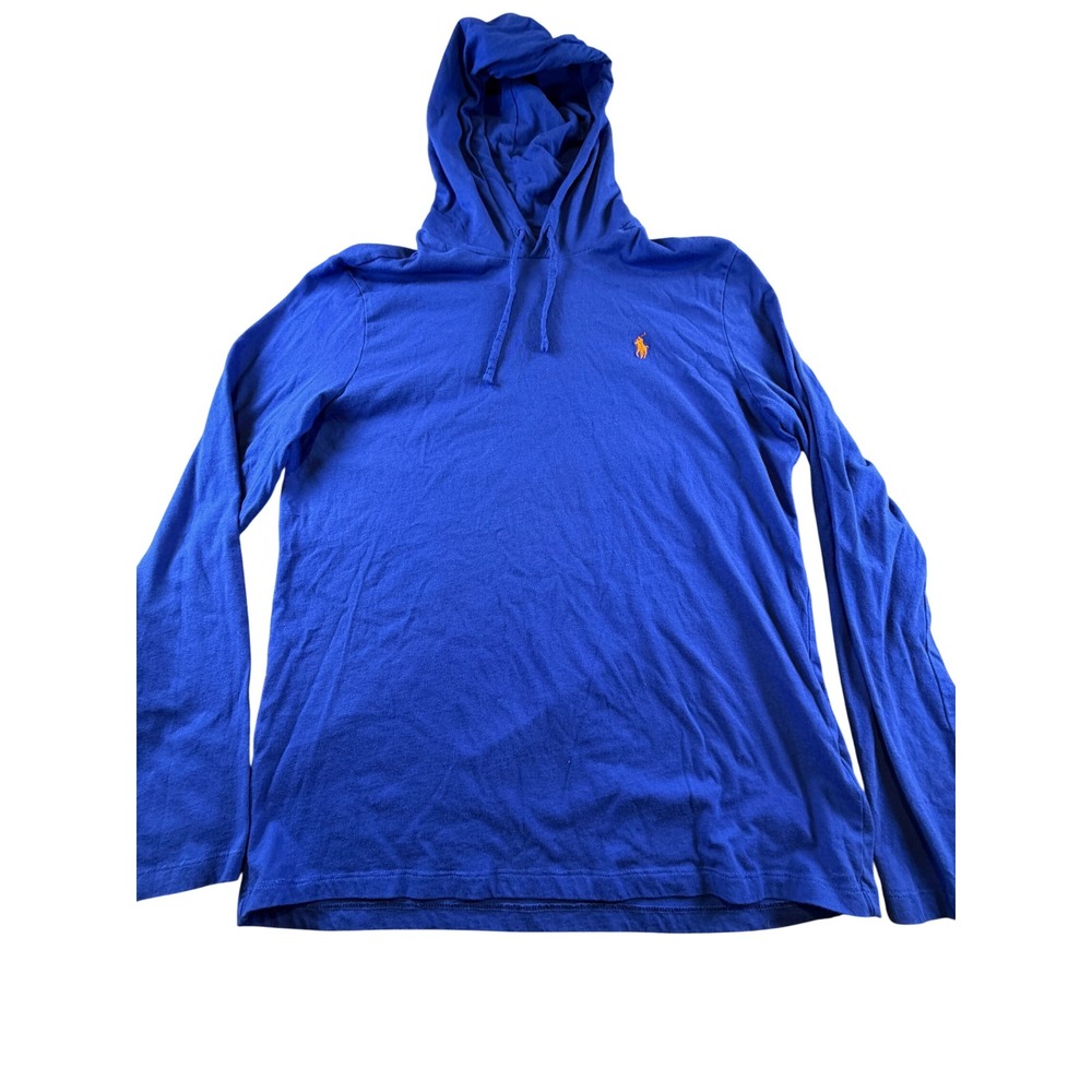 Polo Ralph Lauren Mens Blue Long Sleeve Hooded T-Shirt Orange Pony Logo Large